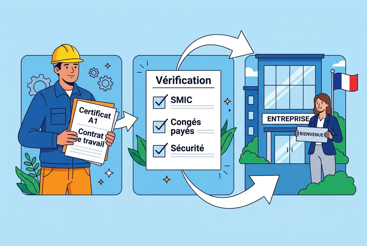 Illustration d’un émissaire en chantier présentant un certificat de travail, vérification et arrivée d’entreprise en France, avec drapeau et accueil. intégré: comment recruter intérimaires roumains.