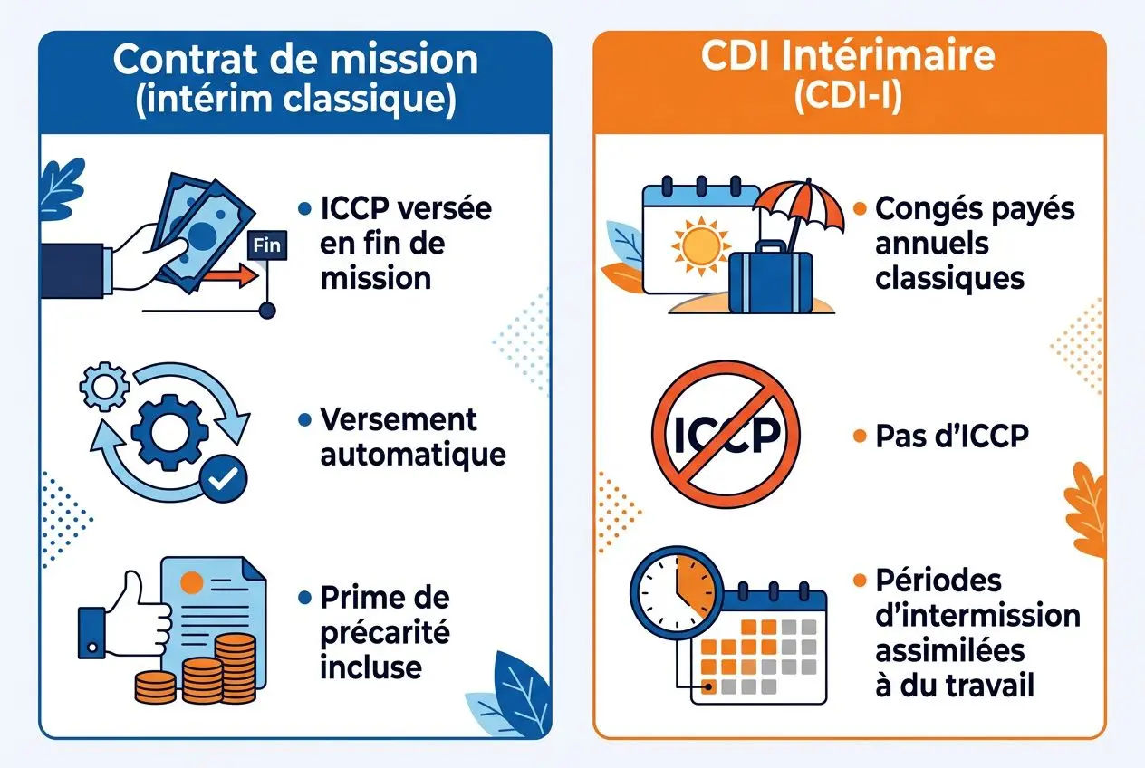 Infographie montrant, à gauche, le « Contrat de mission (intérim classique) » avec icônes de versement ICCP, prélèvements et prime de précarité; à droite, le « CDI Intérimaire (CDI-I) » sur congés payés annuels classiques, absence d’ICCP et périodes d’intermission liées au travail. convergences vers congés payés contrat interim.