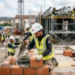 Intérimaginaire: Intérimaires roumains construction btp sur un chantier, un ouvrier pose des briques et amalgame du mortier, autres travailleurs en arrière-plan.