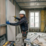 Plaquiste roumain en atelier, posé des panneaux surmontés d’un marteau perforateur, intérieur de chantier avec outils et équipement.