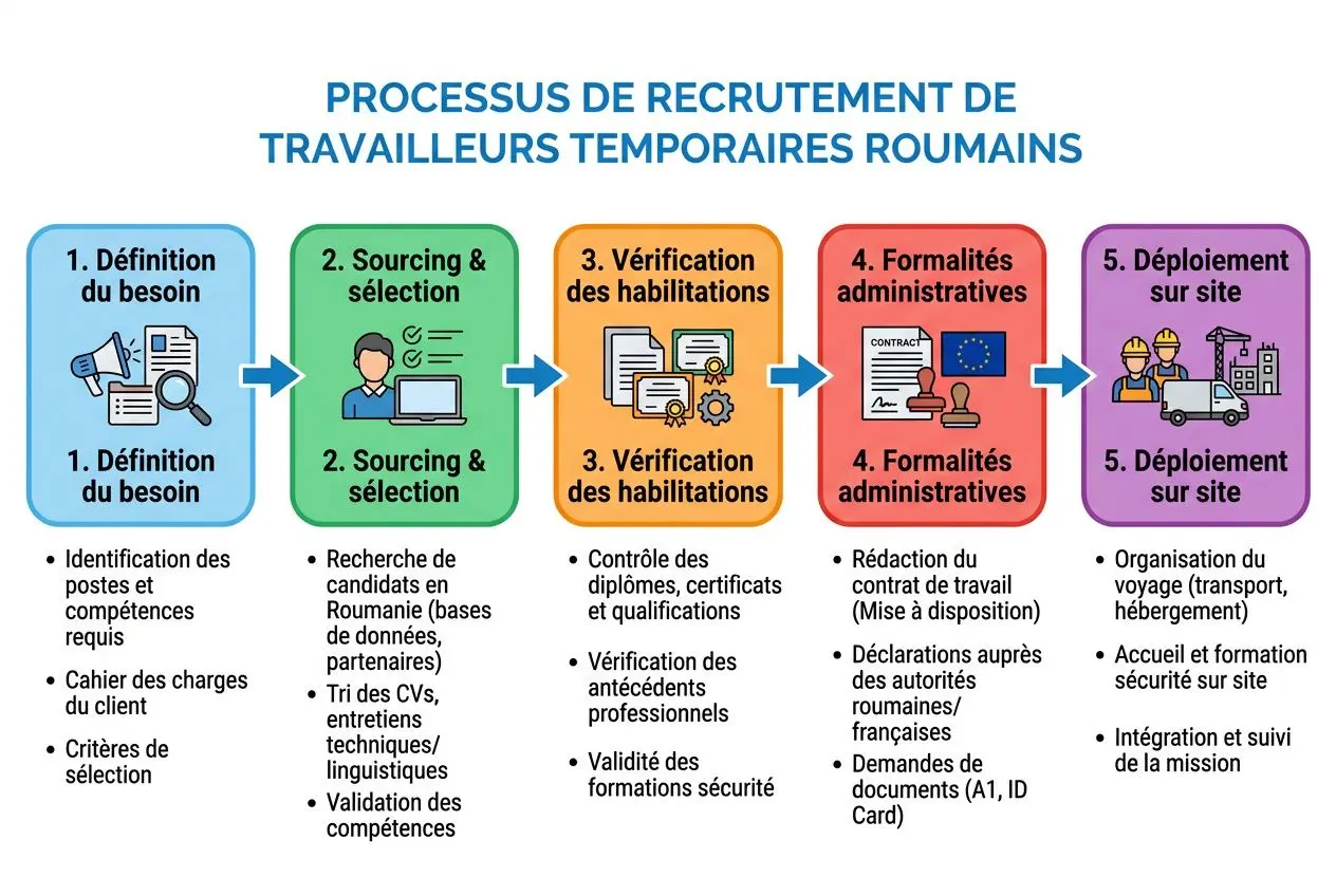 Processus de recrutement de travailleurs temporaires roumains, définitions, sourcing, vérifications, formalités, déploiement sur site. Comment recruter intérimaires roumains via une agence d'intérim.