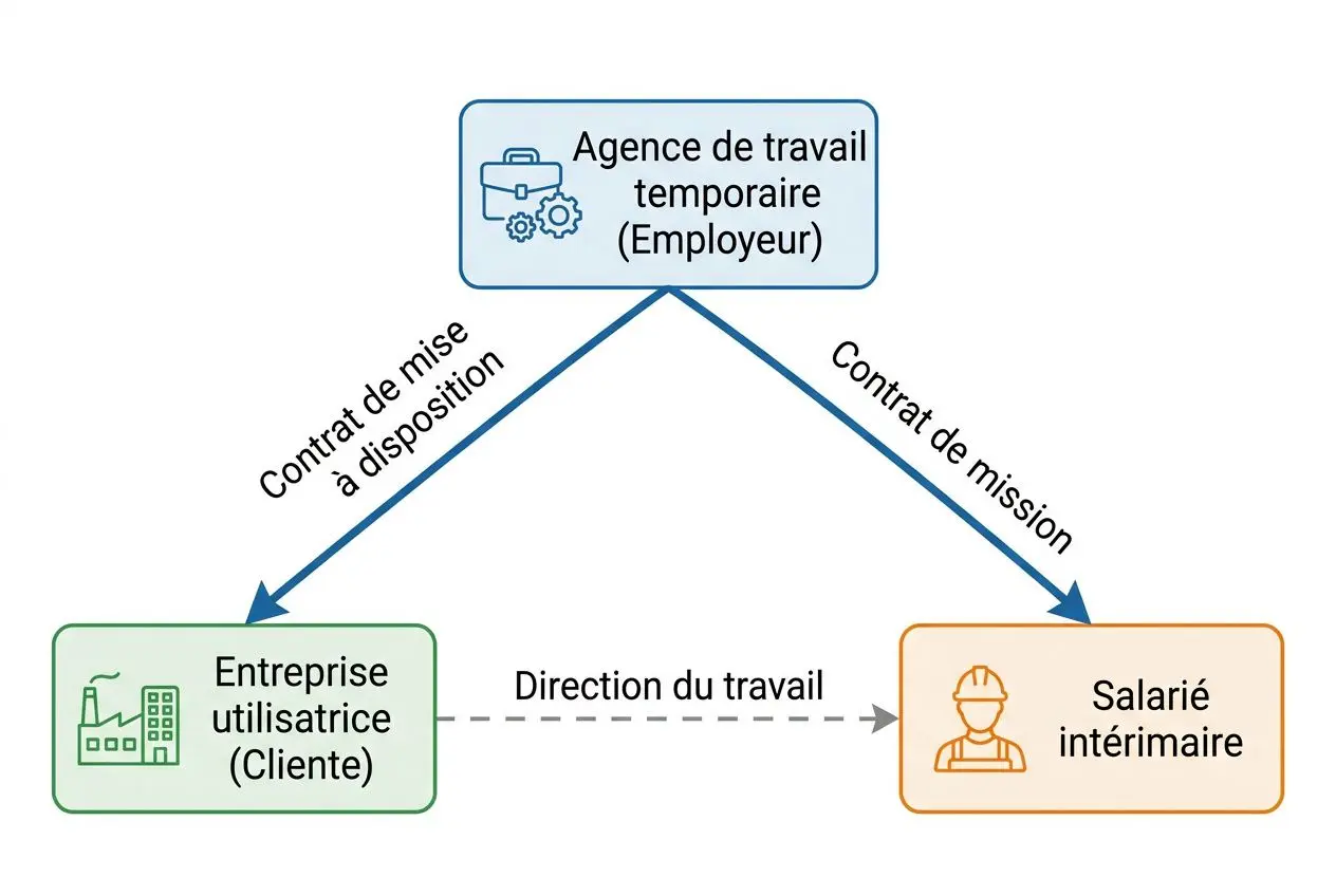 Schéma illustrant le fonctionnement d’une agence de travail temporaire : agence (employeur) au sommet, conduisant par contrat de mission vers l’entreprise utilisatrice et le salarié intérimaire, avec inscription et direction du travail visibles.