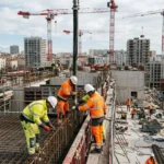 Travailleurs en chantier, casques et gilets de sécurité orange, manipulent des barres d’armature sur un niveau en construction avec grues et bâtiments environnants. détachement travailleurs étrangers règles