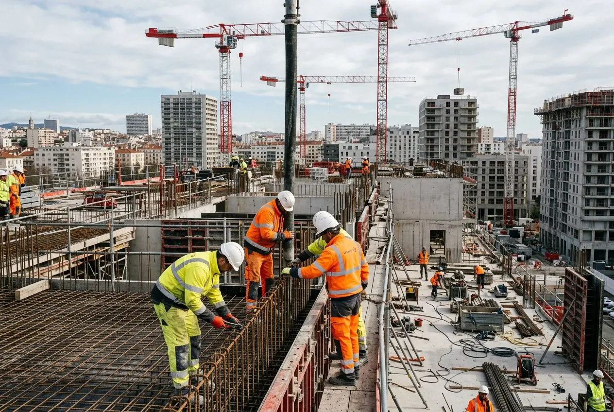 Travailleurs en chantier, casques et gilets de sécurité orange, manipulent des barres d’armature sur un niveau en construction avec grues et bâtiments environnants. détachement travailleurs étrangers règles