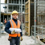 Agent de construction sur un chantier, veste réfléchissante orange et casque jaune, tenant des plans et un carnet de notes. agence travail temporaire btp intégré.