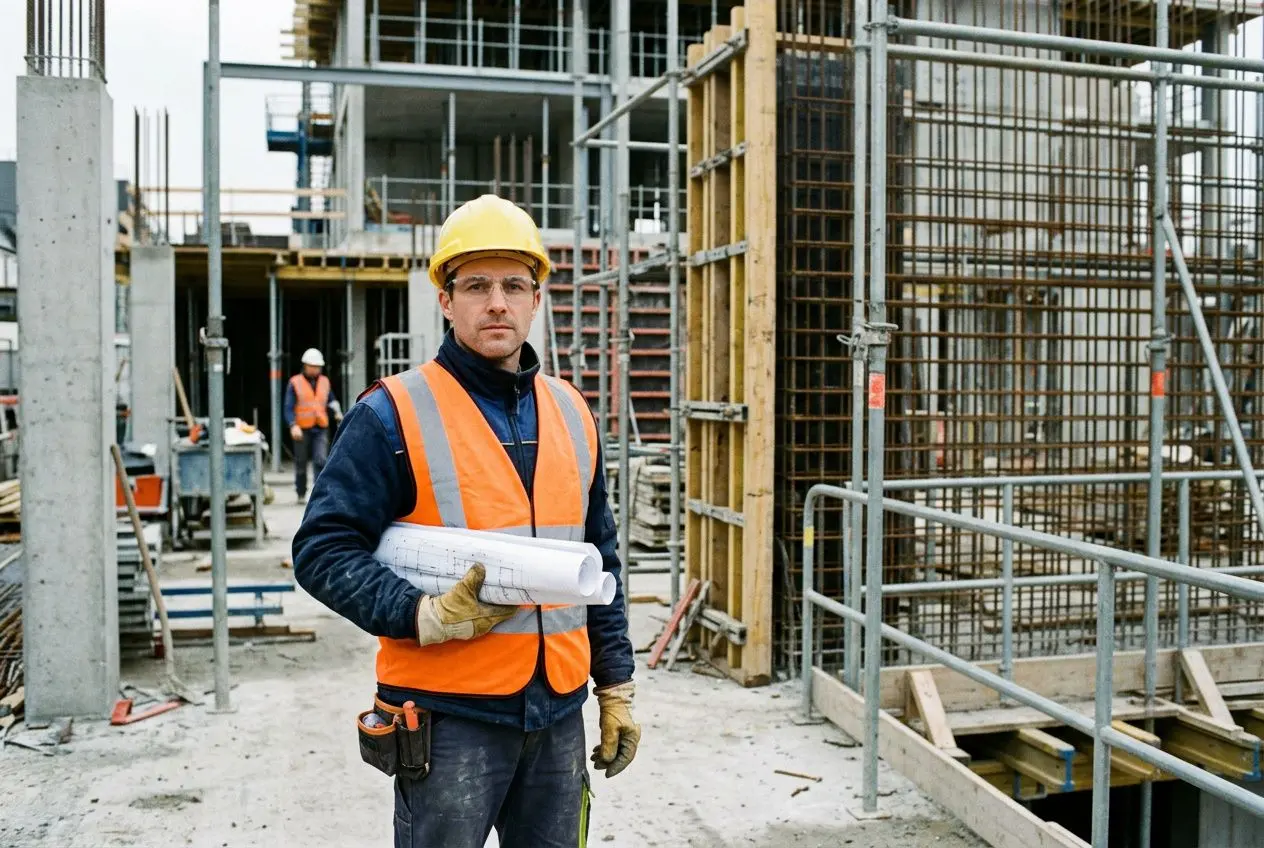 Agent de construction sur un chantier, veste réfléchissante orange et casque jaune, tenant des plans et un carnet de notes. agence travail temporaire btp intégré.