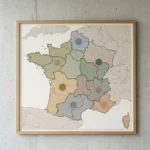 Carte murale en cadre montrant les régions de France avec des hexagones colorés, posé sur un mur en béton. Plateforme en charge de la main d'œuvre étrangère intégrée.