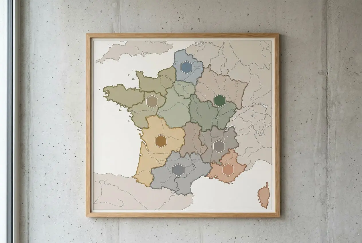 Carte murale en cadre montrant les régions de France avec des hexagones colorés, posé sur un mur en béton. Plateforme en charge de la main d'œuvre étrangère intégrée.