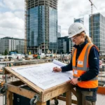 Consultante sur un chantier, elle consulte un plan de construction sur une table embarquée, avec gratte-ciel en arrière-plan. qu'est-ce que le détachement de salariés.