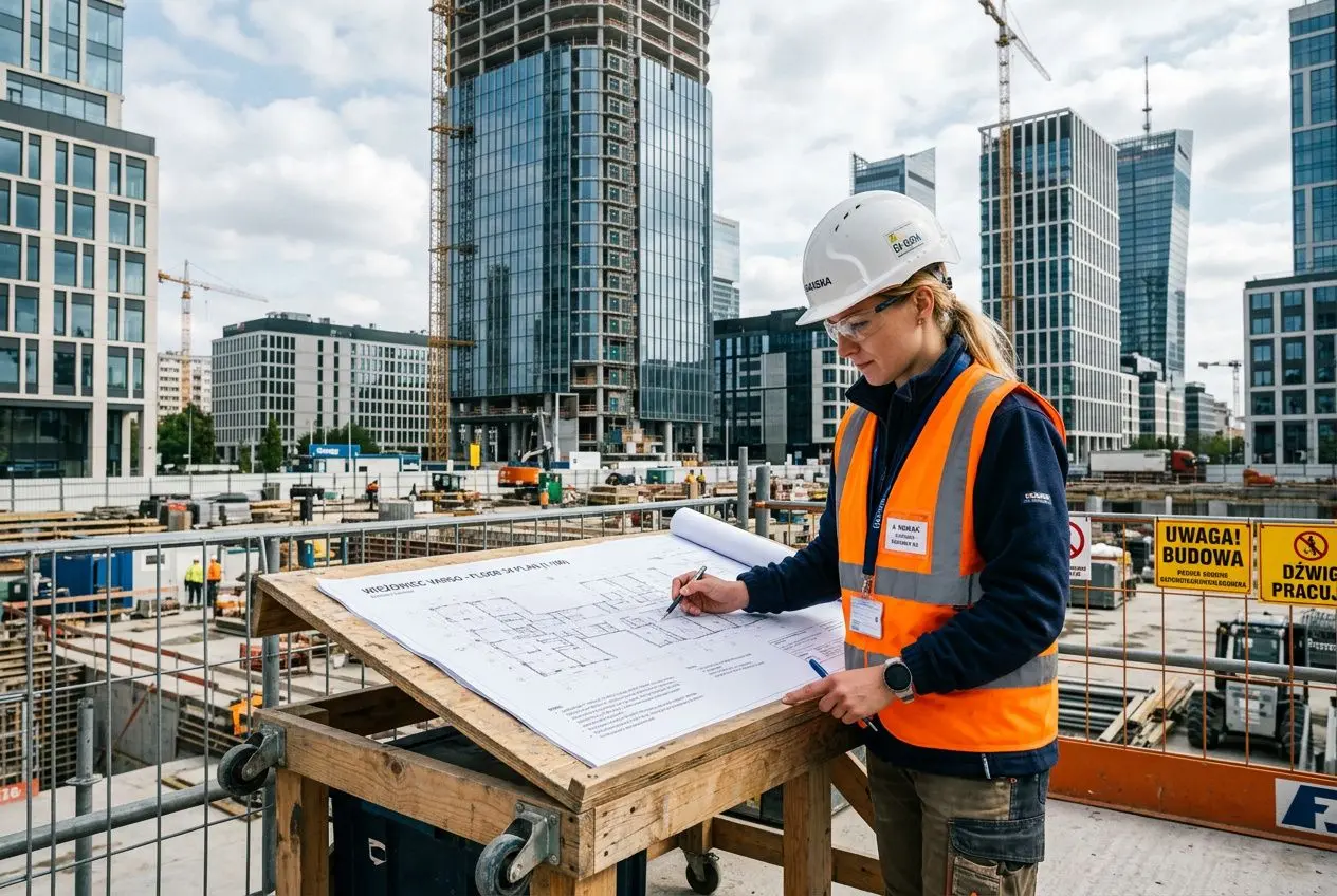 Consultante sur un chantier, elle consulte un plan de construction sur une table embarquée, avec gratte-ciel en arrière-plan. qu'est-ce que le détachement de salariés.