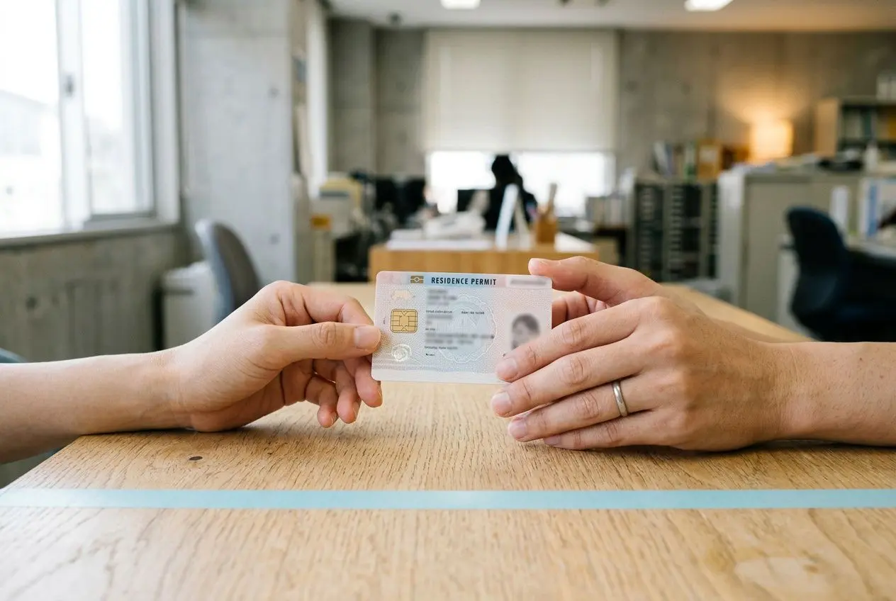 Deux mains échangent une carte d’identité ou titre de séjour sur une table de bureau, contexte administratif. Intégration du mot-clé: "comment embaucher de la main-d'œuvre étrangère" se lit naturellement dans la description comme sujet principal.