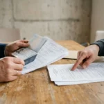 Deux personnes examinent des documents et cartes d’identité sur une table en bois, symbolisant une procédure de recrutement. Incorporation naturelle du mot-clé : "comment embaucher de la main-d'œuvre étrangère" dans une description fluide.