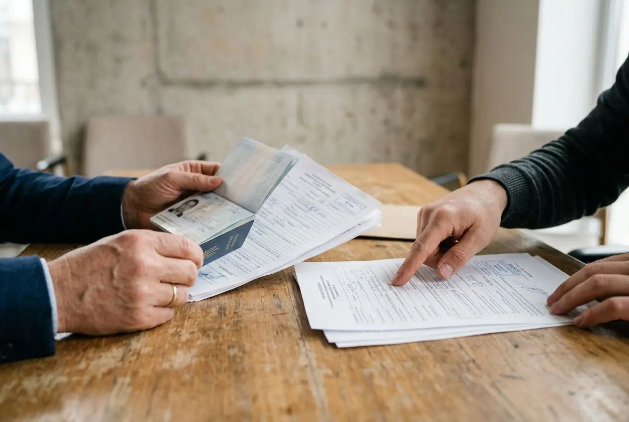 Deux personnes examinent des documents et cartes d’identité sur une table en bois, symbolisant une procédure de recrutement. Incorporation naturelle du mot-clé : "comment embaucher de la main-d'œuvre étrangère" dans une description fluide.