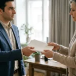 Deux professionnels échangent un document dans un cadre bureau: un homme en costume remet une lettre à une femme âgée qui accepte. processus détachement international travailleurs en tête de description.