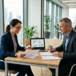 Deux professionnels en réunion d’affaires près d’une grande baie vitrée, consultation de documents et graphique sur un ordinateur portable. intégrant l’idée d’externalisation ressources humaines.
