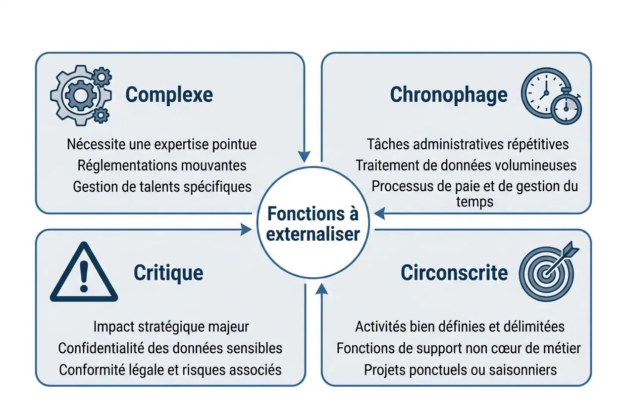 Diagramme sur l’externalisation ressources humaines montrant les “Fonctions à externaliser” regroupées en quatre catégories: Complexe, Chronophage, Critique et Circonscrite, avec des exemples sous chaque intitulé.