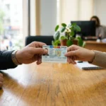Échange d’un document d’identité entre deux personnes sur une table en bois, dans un cadre administratif; un bureau et une plante au fond. Intègre l’idée d’autorisation de travail pour un roumain.