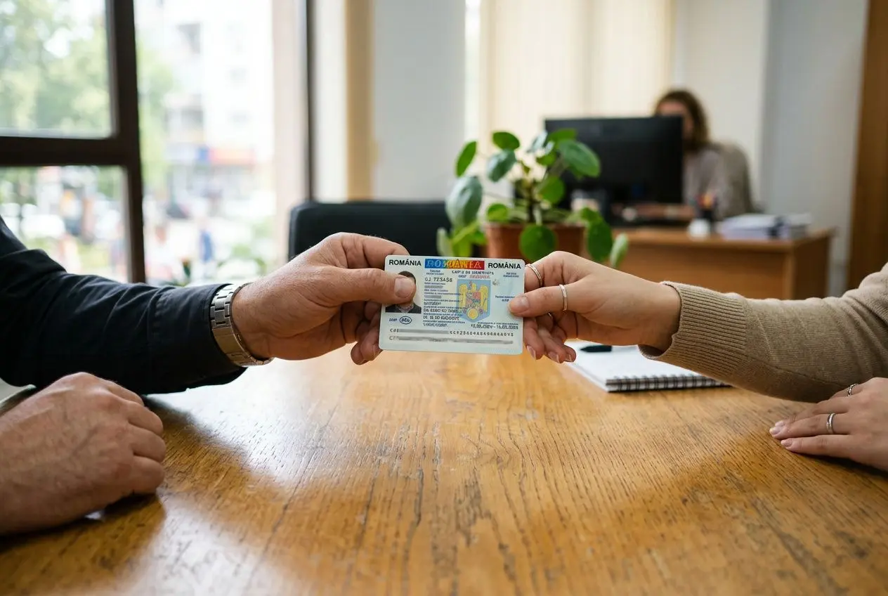 Échange d’un document d’identité entre deux personnes sur une table en bois, dans un cadre administratif; un bureau et une plante au fond. Intègre l’idée d’autorisation de travail pour un roumain.