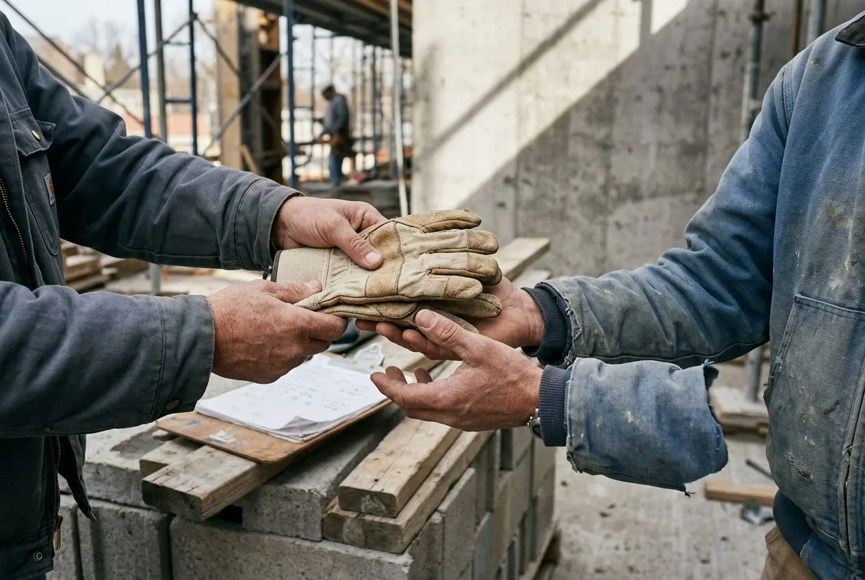 Échange de gants sur un chantier: main d’un ouvrier transmet des gants à un autre, sous une structure en béton et des matériaux de construction autour.