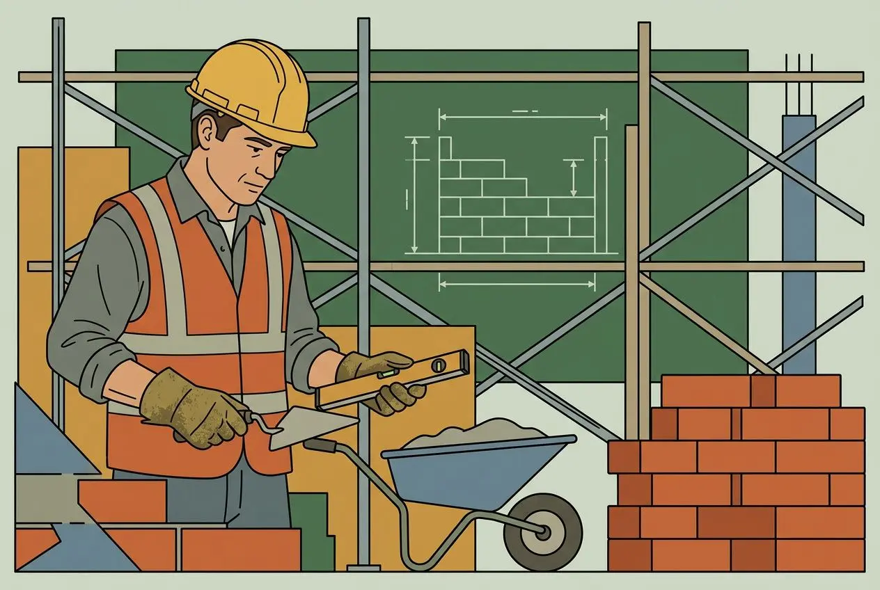 Maçon en chantier, casque et gilet orange, mesurant une dalle avec un niveau; brouette et briques autour dans une structure en construction. salaire d'un maçon qualifié en france intégré.