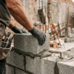 Maçon posé une pierre sur un mur en briques, outils à la ceinture, chantier de construction en arrière-plan. salaire d'un maçon qualifié en france, description mentionnée.
