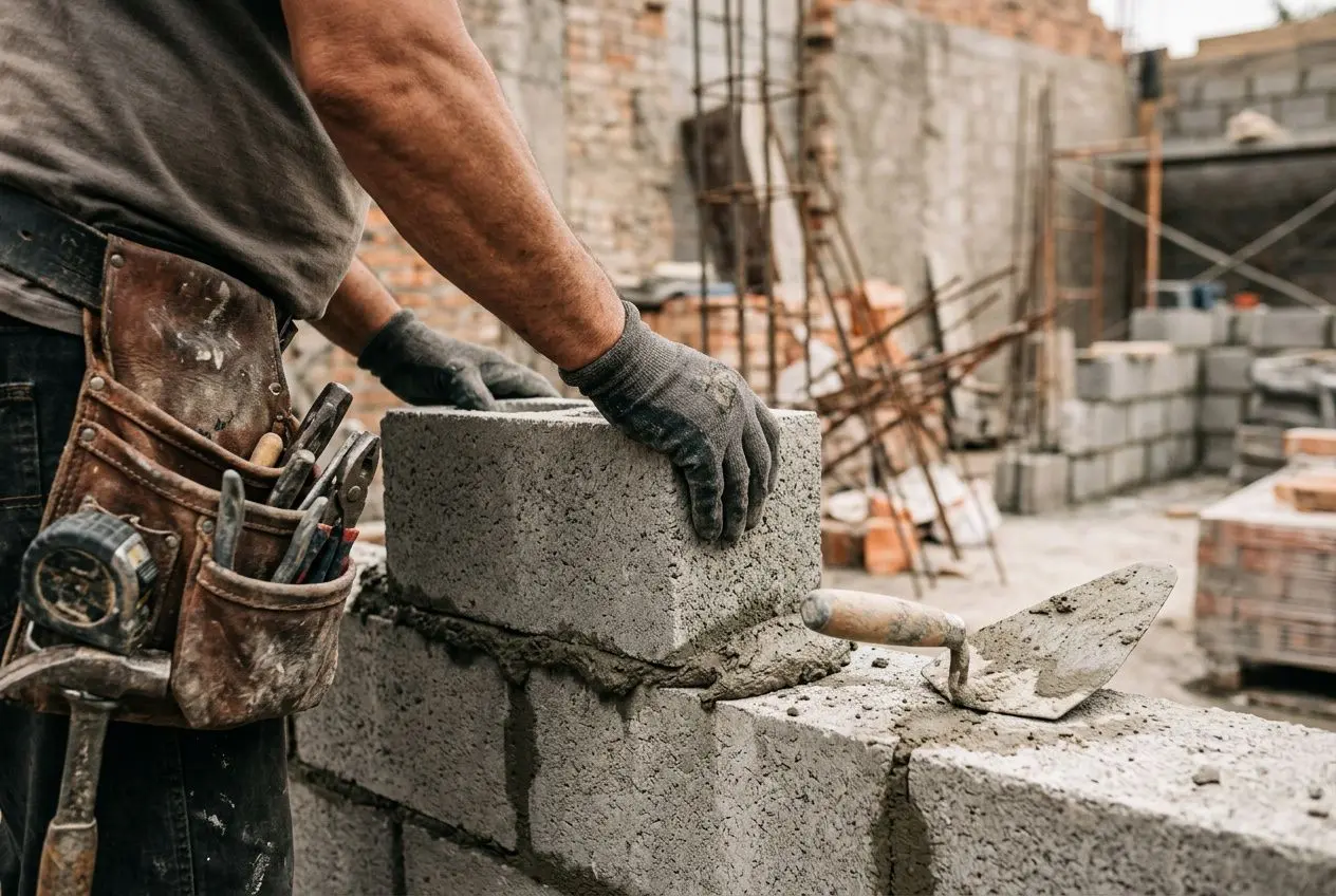Maçon posé une pierre sur un mur en briques, outils à la ceinture, chantier de construction en arrière-plan. salaire d'un maçon qualifié en france, description mentionnée.