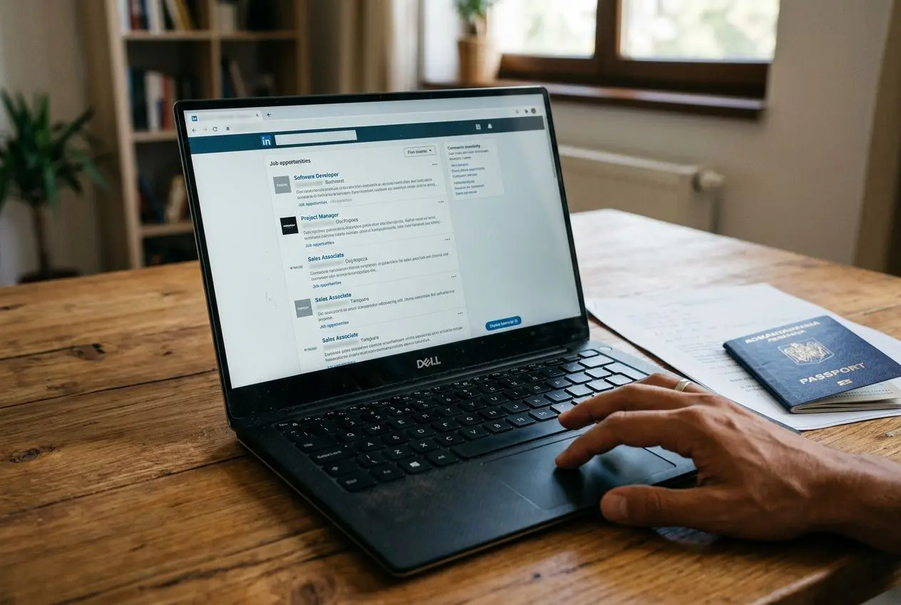 Personne utilisant un ordinateur portable sur une table en bois, avec un passeport à côté et une ambiance de bureau à domicile. autorisation de travail pour un roumain (intégré naturellement).