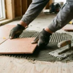 Pose d’carreleur posant une dalle de carrelage et mortier, outils et chutes visibles sur le chantier. Salaire d'un carreleur qualifié en cadrage.