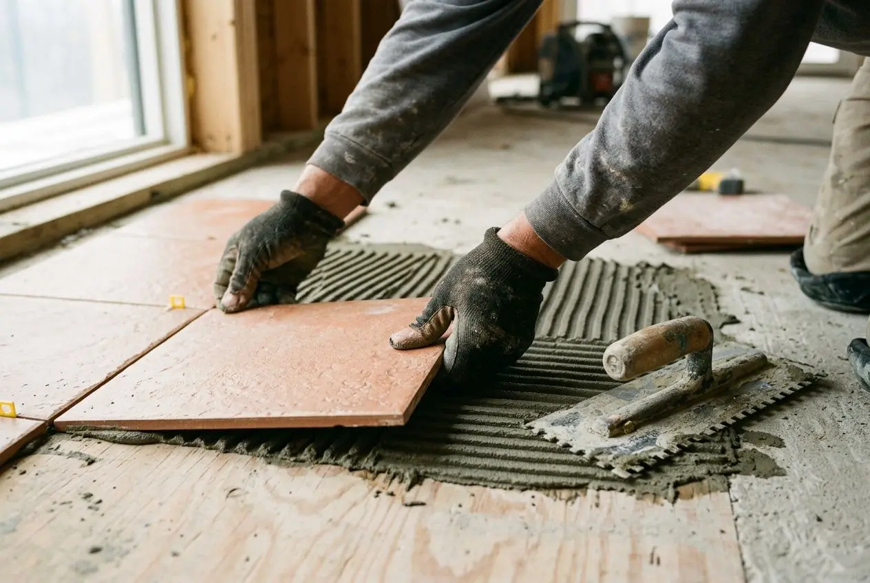 Pose d’carreleur posant une dalle de carrelage et mortier, outils et chutes visibles sur le chantier. Salaire d'un carreleur qualifié en cadrage.