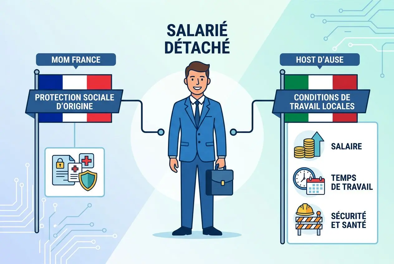 Salarié détaché illustré, avec drapeaux et éléments identifiant le détachement de salariés et ses conditions (salaire, temps de travail, sécurité).