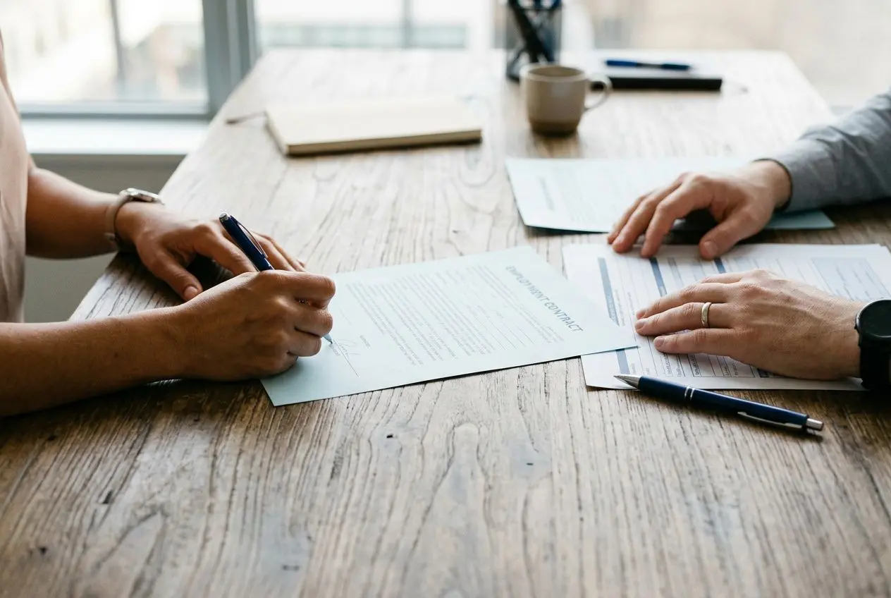 Signature d’un contrat et documents pour l’autorisation de travail pour un roumain en France, avec des personnes au travail sur des papiers.