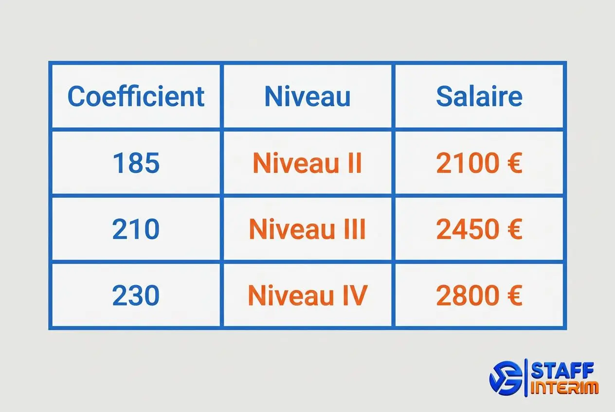Tableau comparatif des salaires selon le niveau de carreleur qualifié et le coefficient. Salaire: 2100 €, 2450 €, 2800 € pour niveaux II, III et IV.