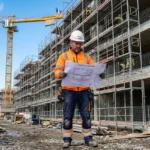 Travailleur roumain détaché en France sur un chantier, lisant un plan devant un immeuble en construction.