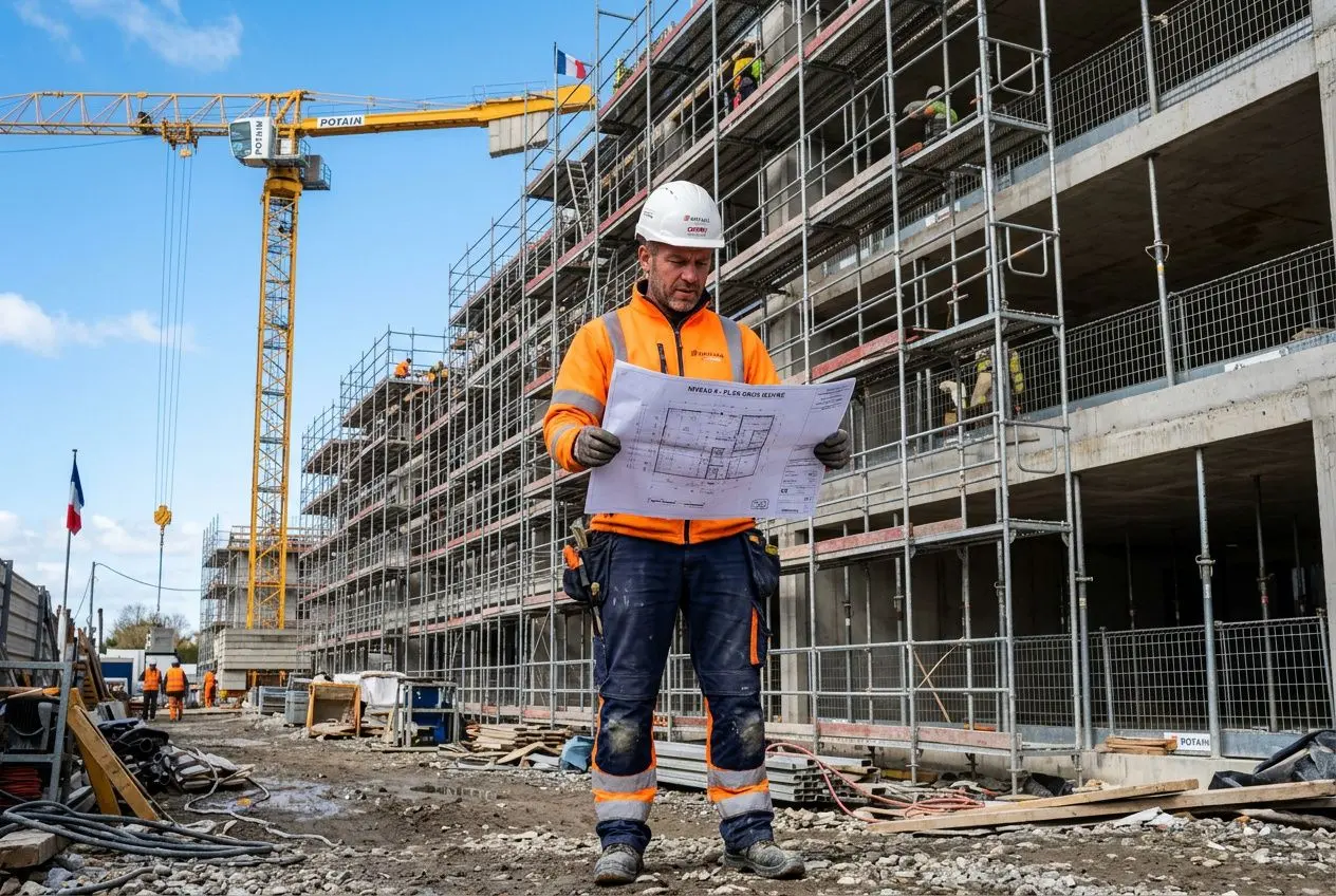 Travailleur roumain détaché en France sur un chantier, lisant un plan devant un immeuble en construction.