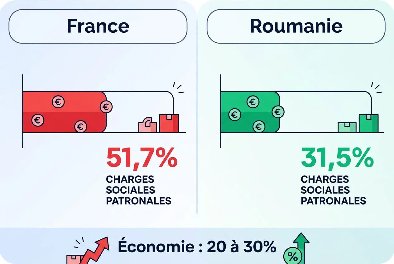 Travailleur roumain détaché en France : infographie comparant charges sociales (France 51,7%) et Roumanie (31,5%), économie 20–30%.