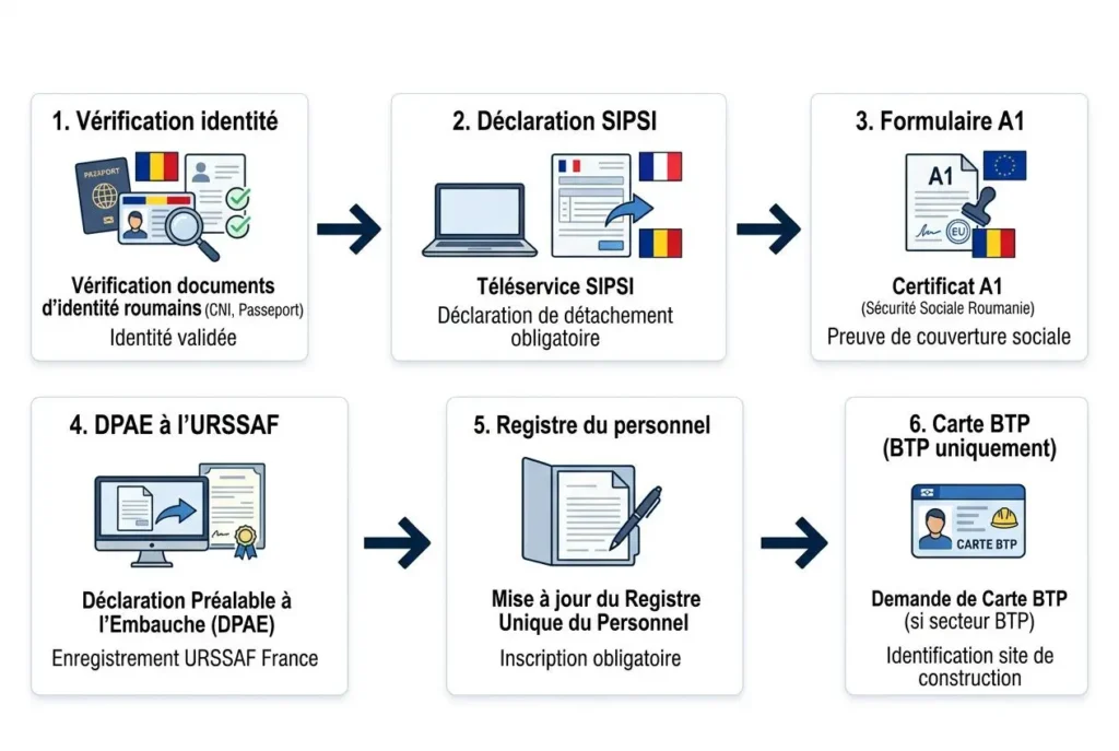 Travailleur roumain détaché en France: schéma illustrant les étapes administratives de détachement et d’inscription du personnel.