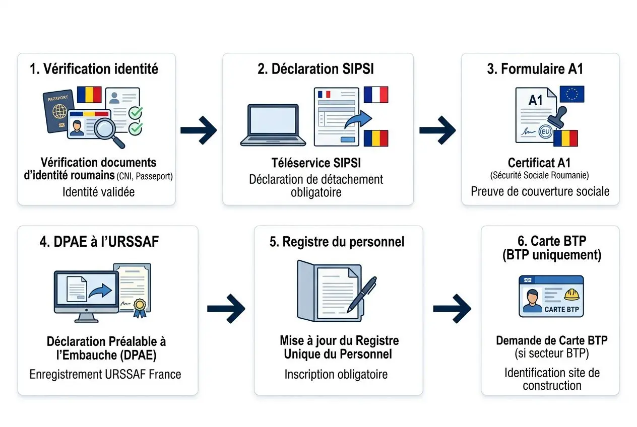 Travailleur roumain détaché en France: schéma illustrant les étapes administratives de détachement et d’inscription du personnel.