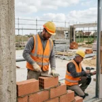 Trois ouvriers en sécurité sur un chantier, posant des briques et installant une porte métallique dans une structure en construction. recrutement ouvriers qualifiés intérim.