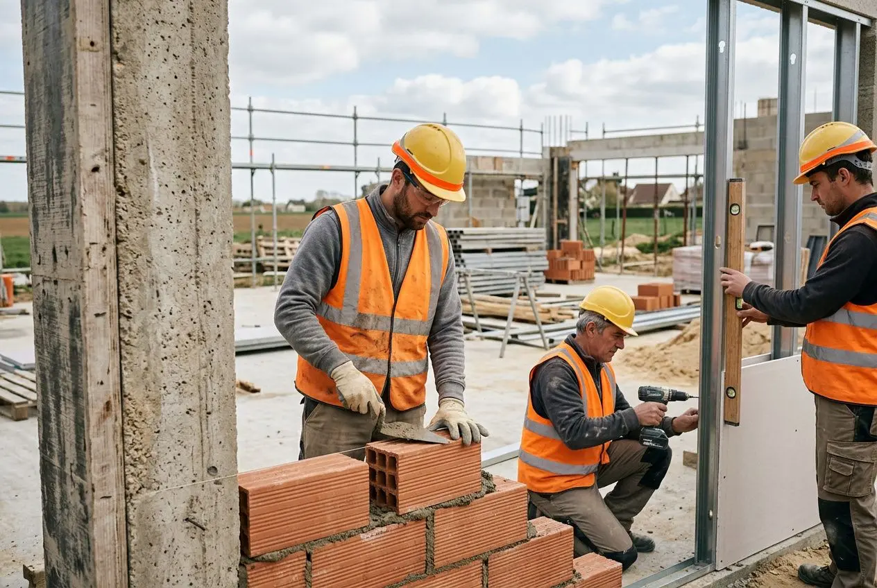 Trois ouvriers en sécurité sur un chantier, posant des briques et installant une porte métallique dans une structure en construction. recrutement ouvriers qualifiés intérim.