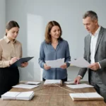 Trois professionnels autour d’une table examinent des documents, échangeant des informations sur le travail temporaire et les contrats d’intérim. Alt texte non trompeur.