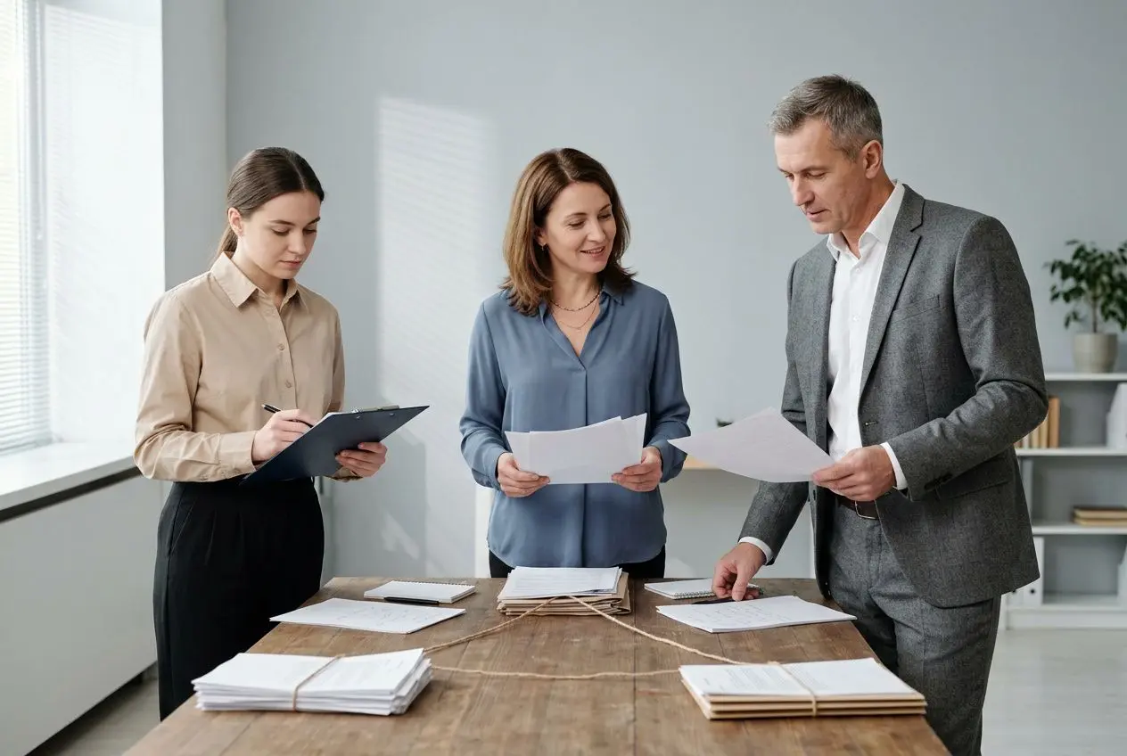 Trois professionnels autour d’une table examinent des documents, échangeant des informations sur le travail temporaire et les contrats d’intérim. Alt texte non trompeur.