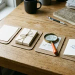 Cartes et documents organisés sur une table en bois, avec loupe, bloc-notes et mug, illustrant les 4 étapes du recrutement.
