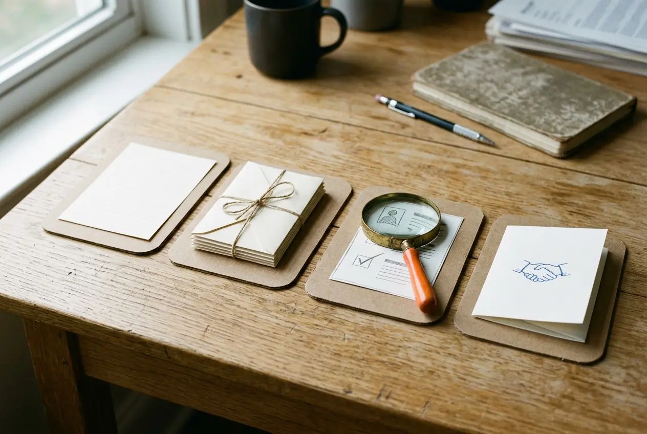 Cartes et documents organisés sur une table en bois, avec loupe, bloc-notes et mug, illustrant les 4 étapes du recrutement.