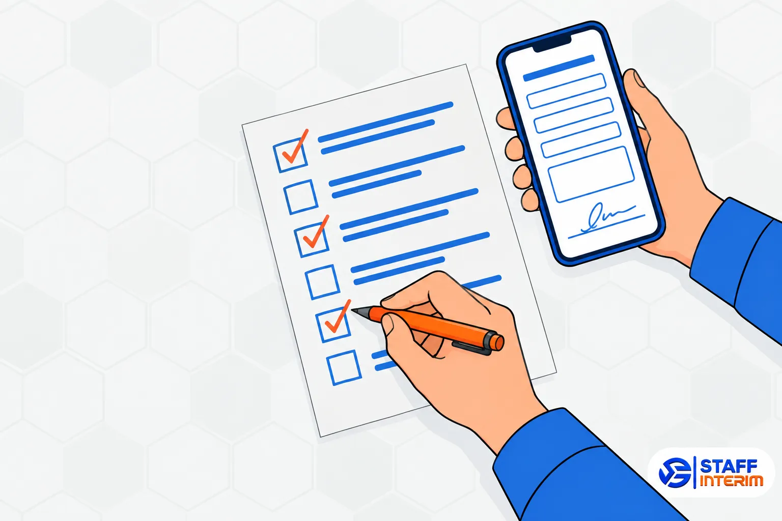 Checklist et smartphone montrant une inscription auprès d’une agence interim braine-lalleud, image représentant une demande d’emploi et un formulaire.