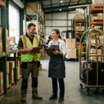 Deux professionnels dans un entrepôt: un homme en gilet de sécurité et une femme en tablier discutent, avec chariots et rayonnages chargés autour, placement main-d'œuvre logistique hôtellerie.