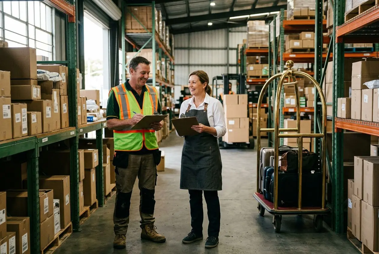 Deux professionnels dans un entrepôt: un homme en gilet de sécurité et une femme en tablier discutent, avec chariots et rayonnages chargés autour, placement main-d'œuvre logistique hôtellerie.
