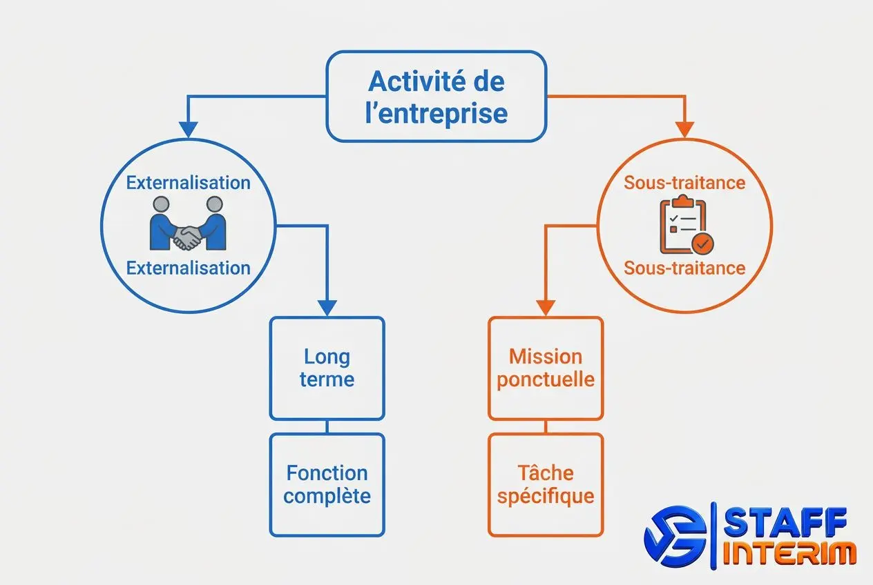 Différence entre externalisation et sous-traitance : schéma montrant l’activité de l’entreprise, avec externalisation (long terme, fonction complète) à gauche et sous-traitance (mission ponctuelle, tâche spécifique) à droite.