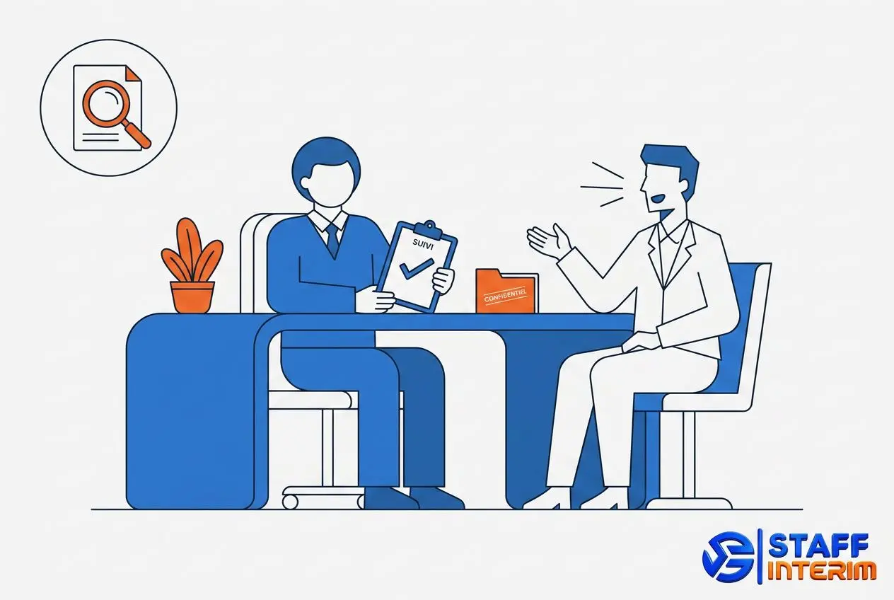 Illustration d’un entretien RH en entreprise, deux interlocuteurs autour d’un desk, l’un tient un carnet, l’autre parle. Logo STAFF INTERIM en bas à droite.