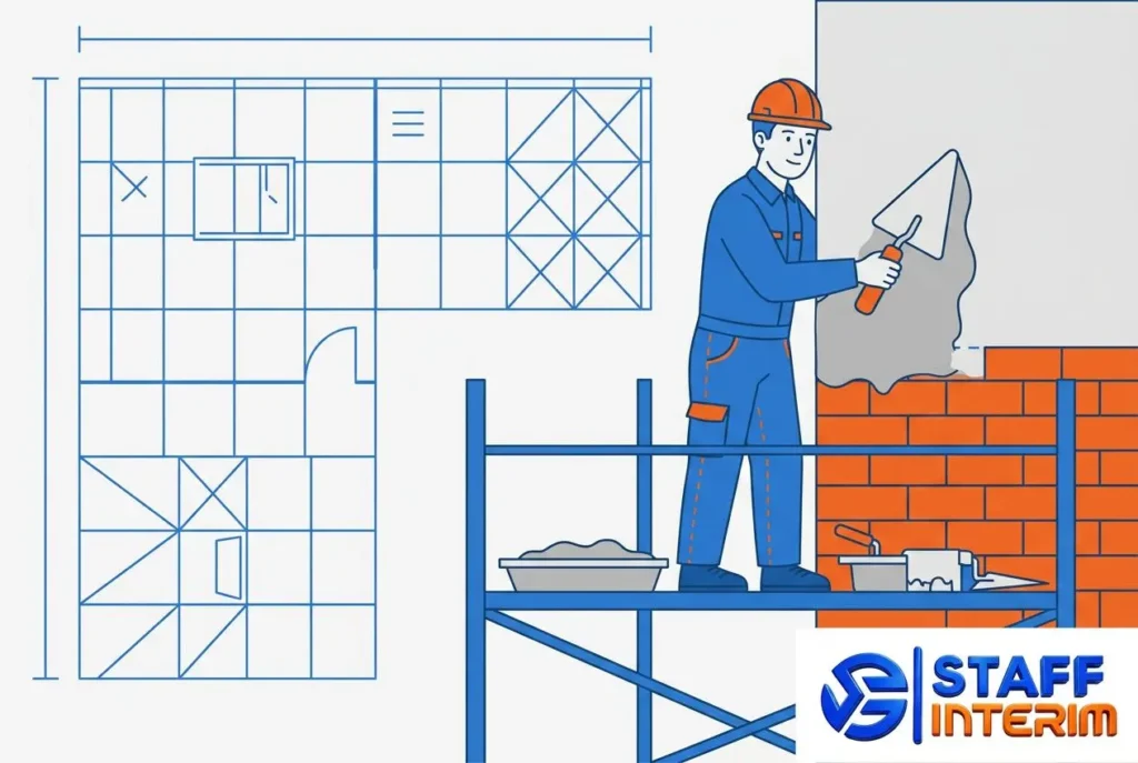 Maçon en chantier posant des briques sur un mur en construction, avec plan et échelle sur le côté. Principales missions d'un maçon mentionnées.