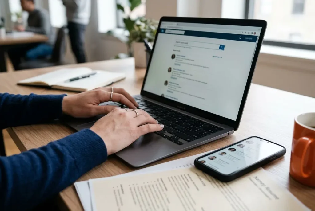 Personnalisation d’un texte sur un ordinateur portable et un smartphone; quelqu’un tape sur le clavier près d’un document, ambiance bureau. Intègre les 4 étapes du recrutement.